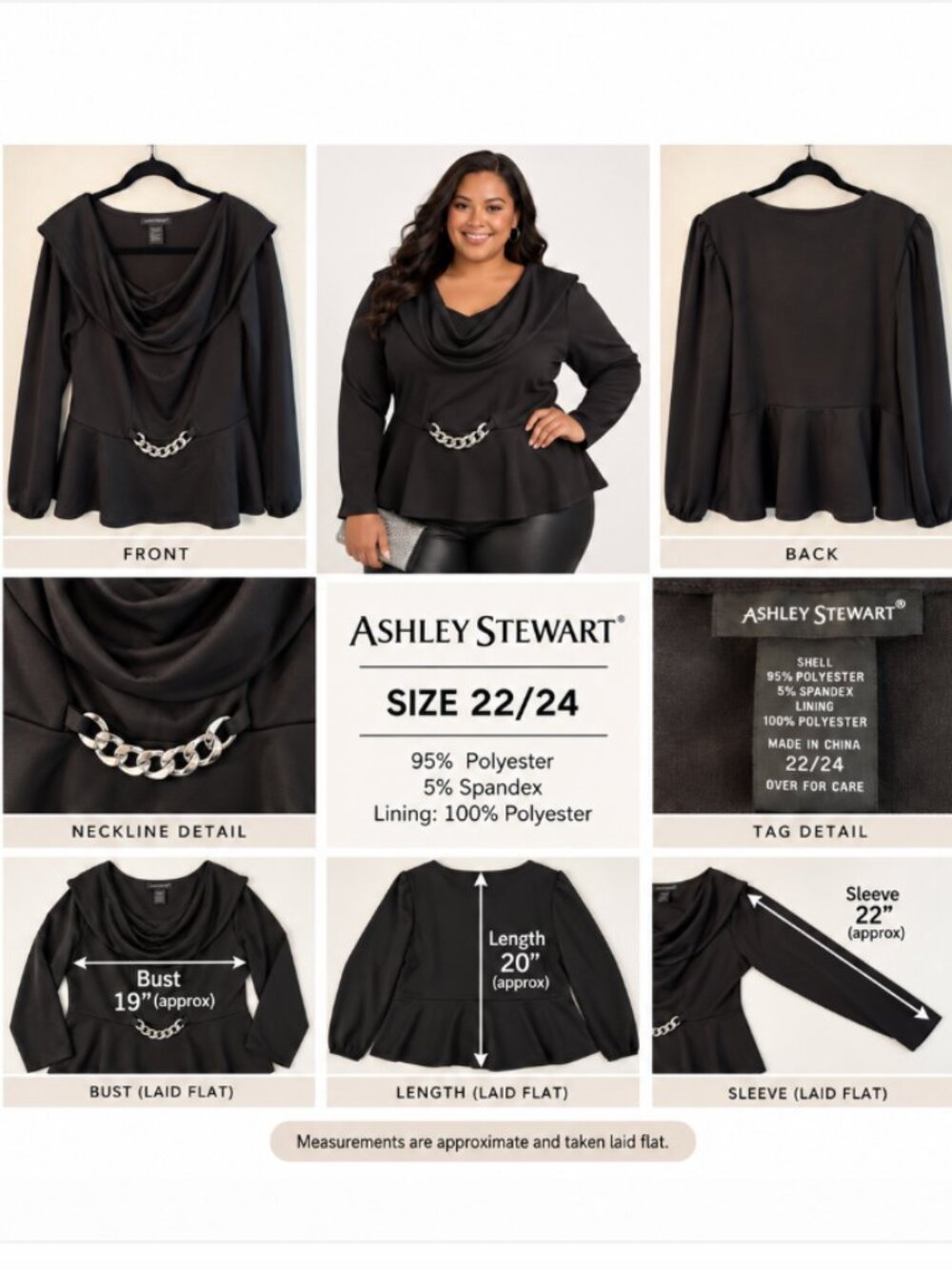 Ashley Stewart Black Cowl Neck Peplum Top Size 22 24 Silver Chain Accent Blouse